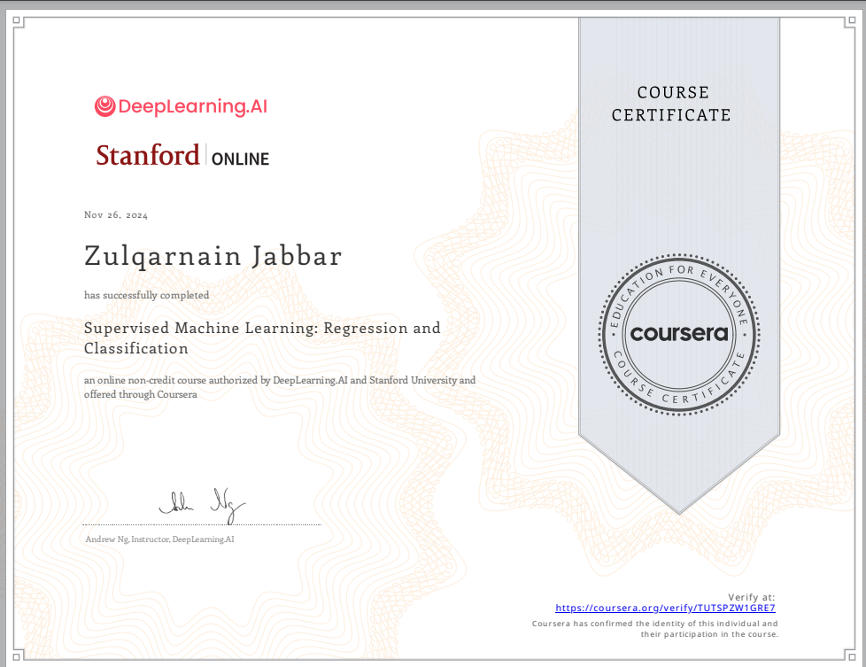 Supervised Machine Learning: Regression and Classification certification